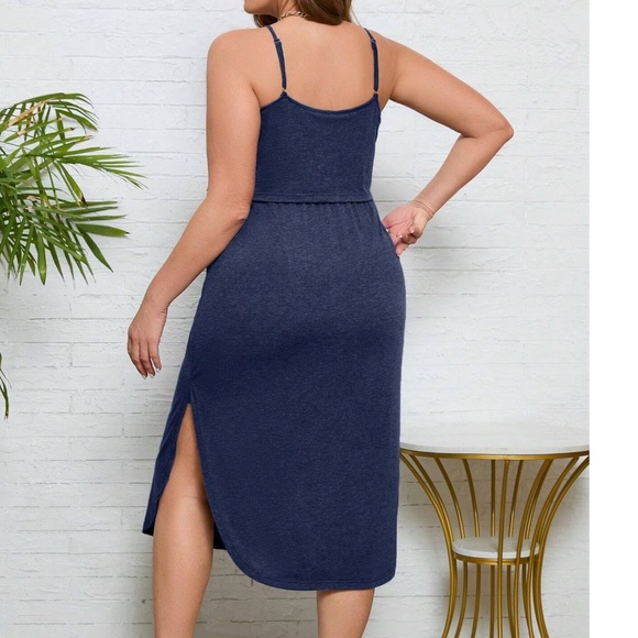 Plus Navy Blue Cami Straps High Waisted Side Slit Midi Dress - Picture 2 of 4